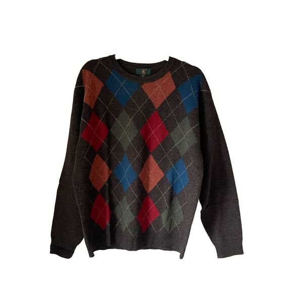 Charter Club Argyle Gray Colorful 100% Lambswool Sweater Size Medium - Picture 2 of 5